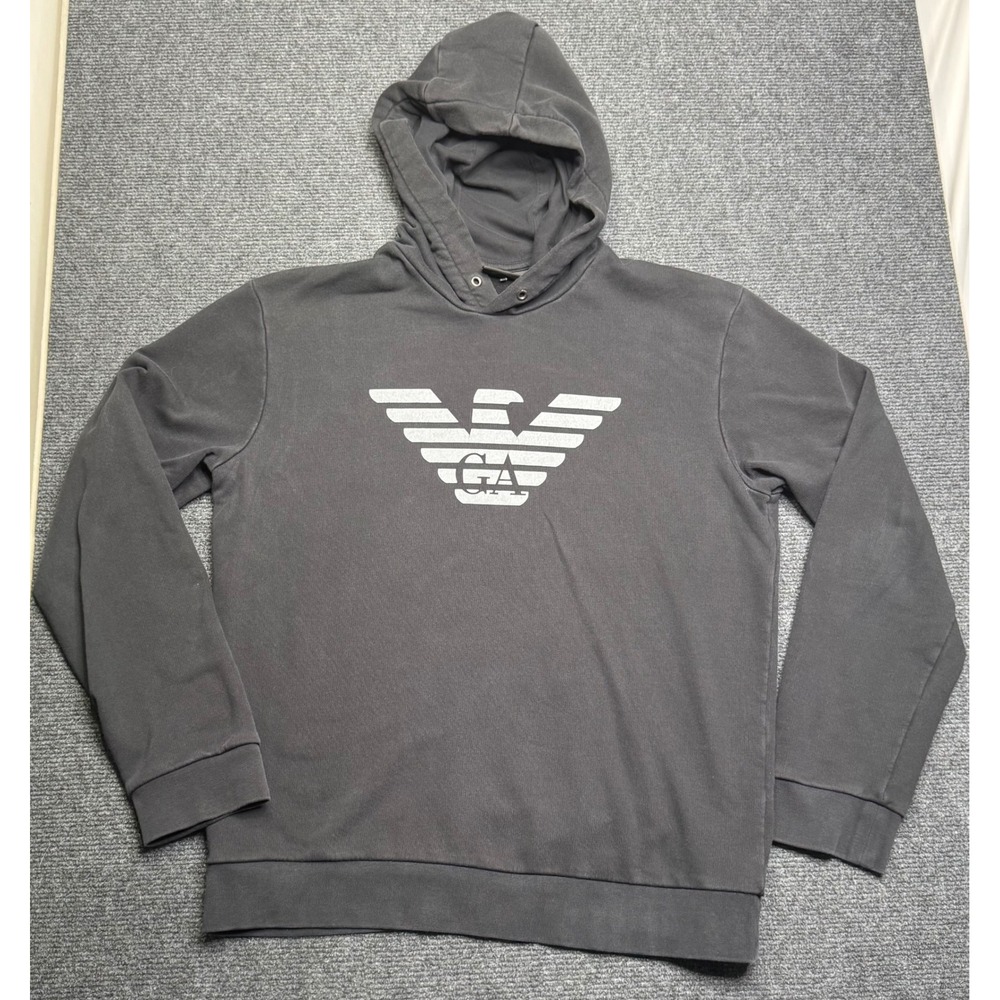 Emporio Armani Mens Eagle Logo Pullover Hoodie Gray Size L Comfort Outdoor